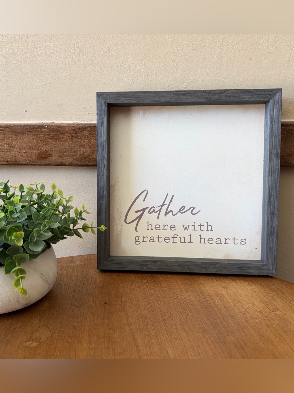 Framed 'Gather here with grateful hearts’Wall Art - Gray Frame, Cream Background
